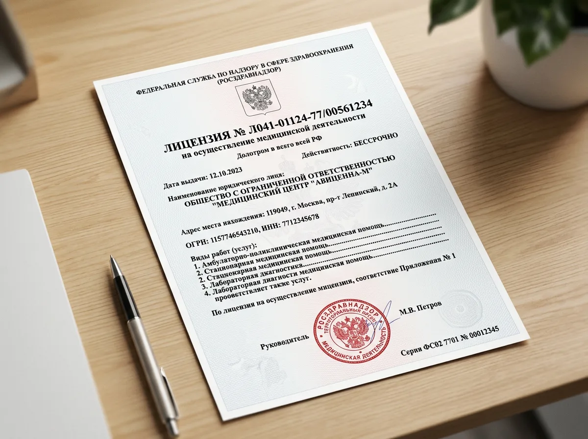 Лицензия Росздравнадзора на осуществление медицинской деятельности, официальный документ на белом фоне с печатью