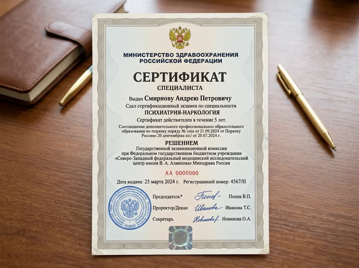Сертификат специалиста врача психиатра-нарколога, Минздрав России, официальный бланк