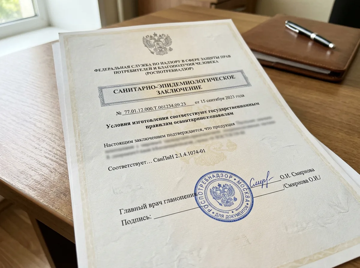 Санитарно-эпидемиологическое заключение Роспотребнадзора, официальный документ с синей печатью