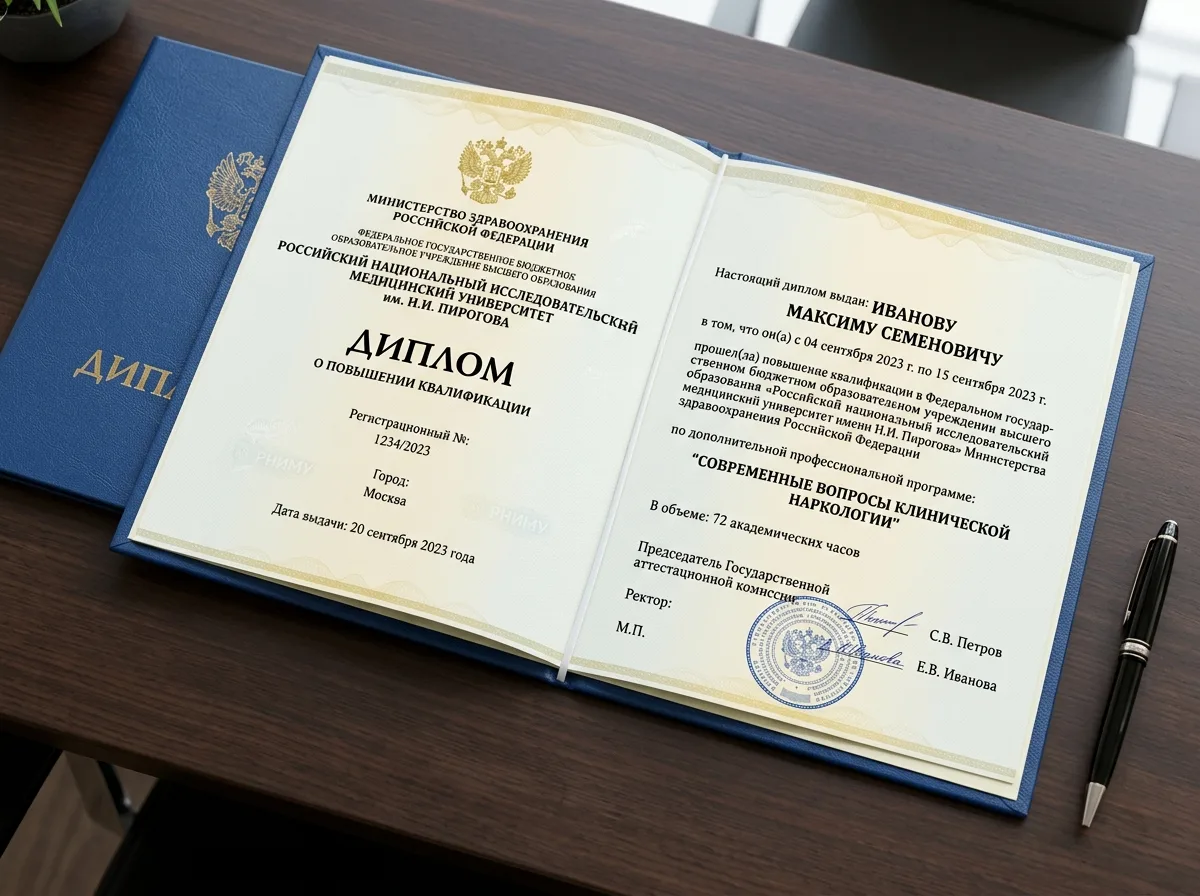 Диплом повышения квалификации врача-нарколога, РНИМУ им. Пирогова, официальный документ