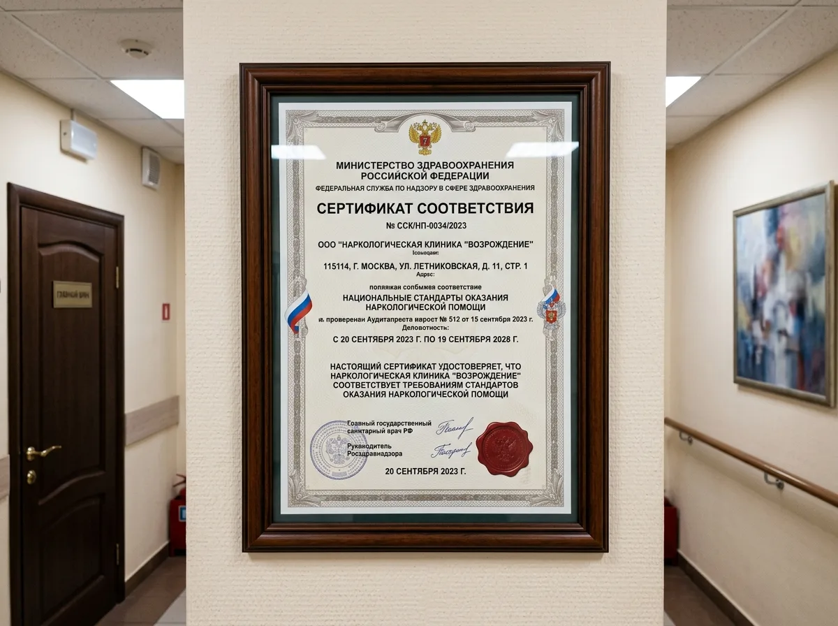 Сертификат соответствия клиники стандартам оказания наркологической помощи, официальный документ