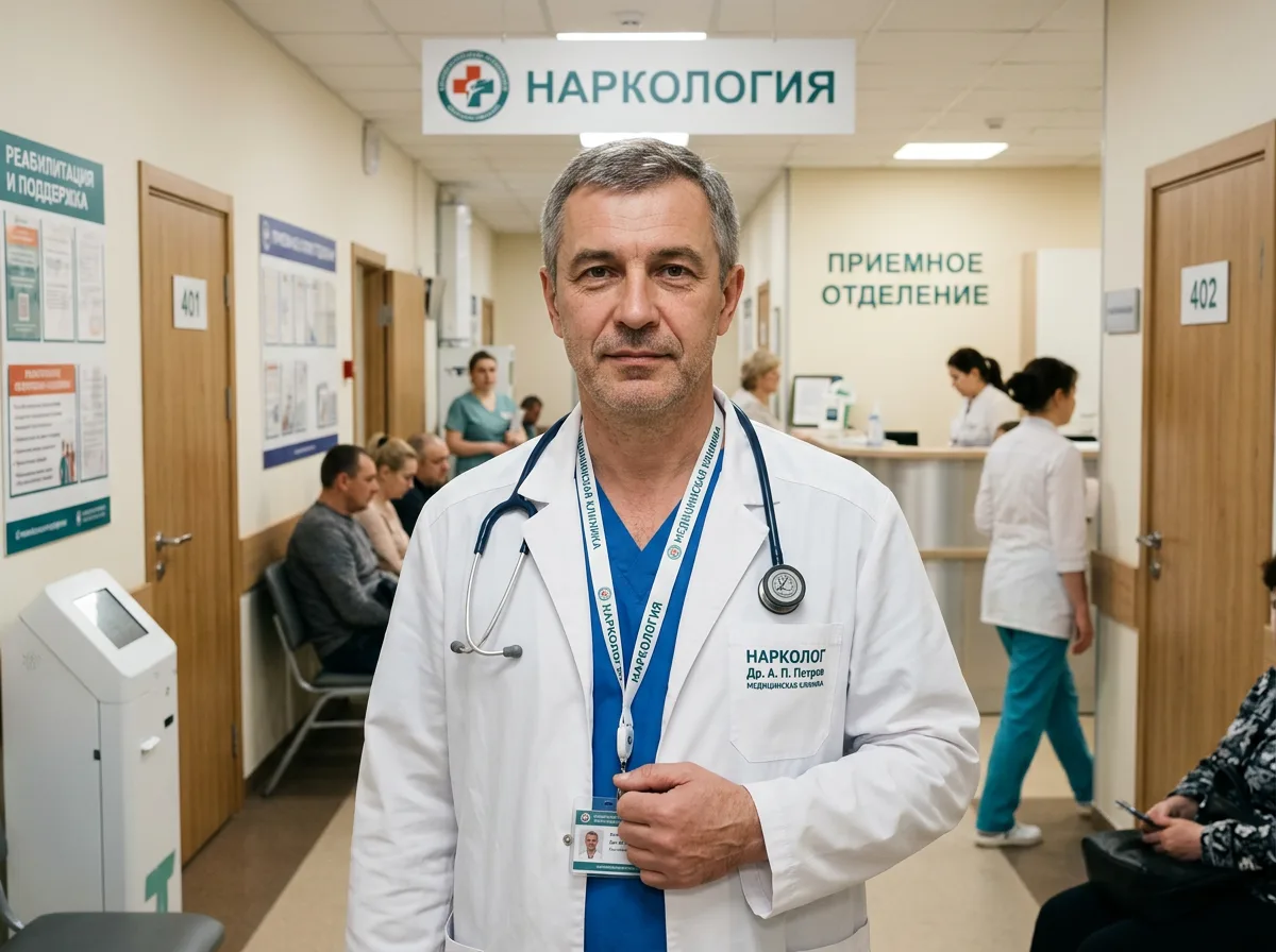 Портрет врача нарколога мужчины около 48 лет, в халате с фонендоскопом, серьёзный экспертный вид, фон клиники